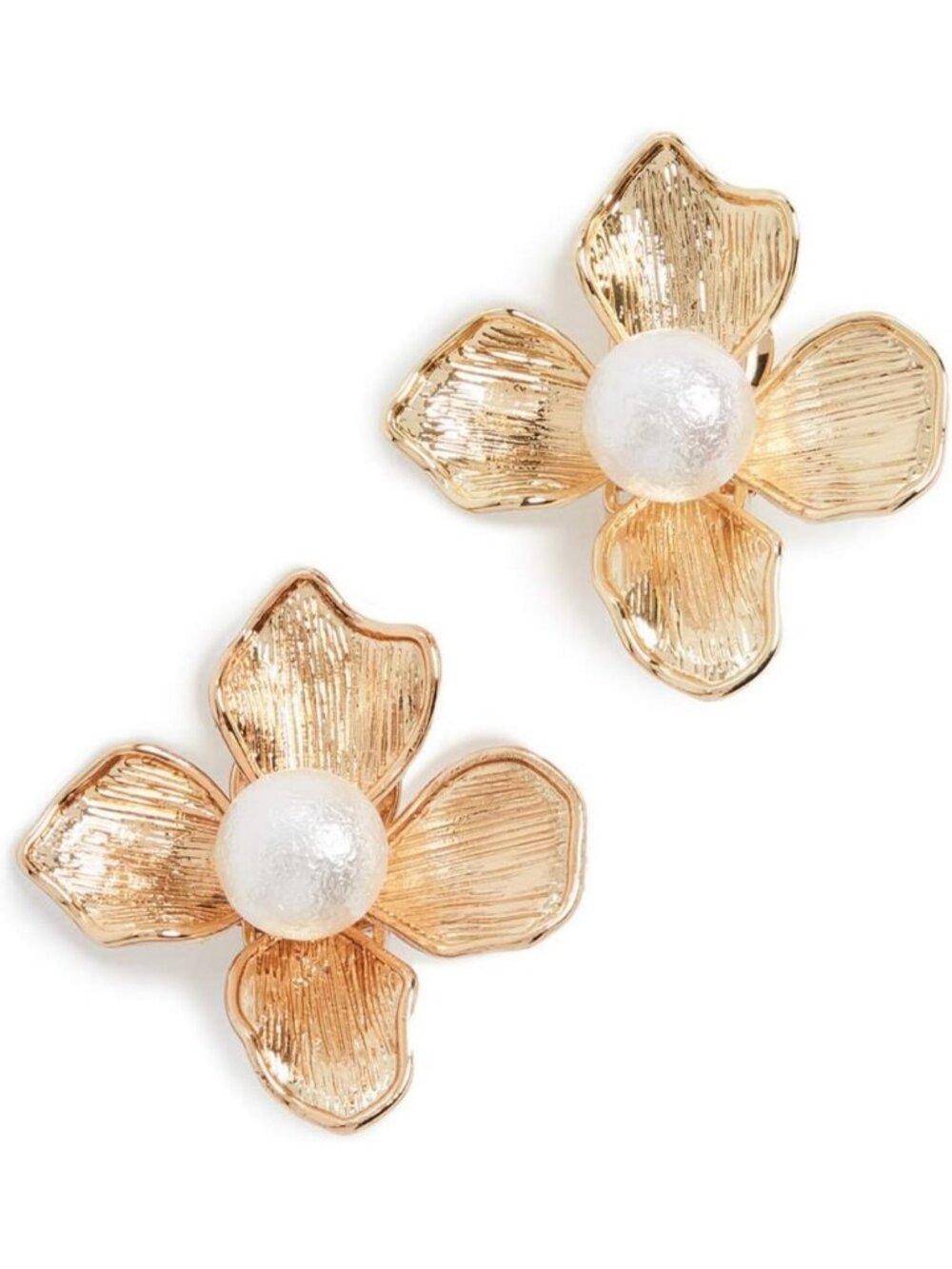Elegant Satin Gold Flower Clip-On Earrings with Pearl Center - Statement Jewelry